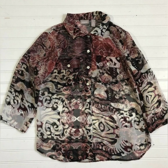 Chicos Size 0 Button Down Shirt Blouse Paisley Floral Womens Small  Black White - Picture 2 of 12